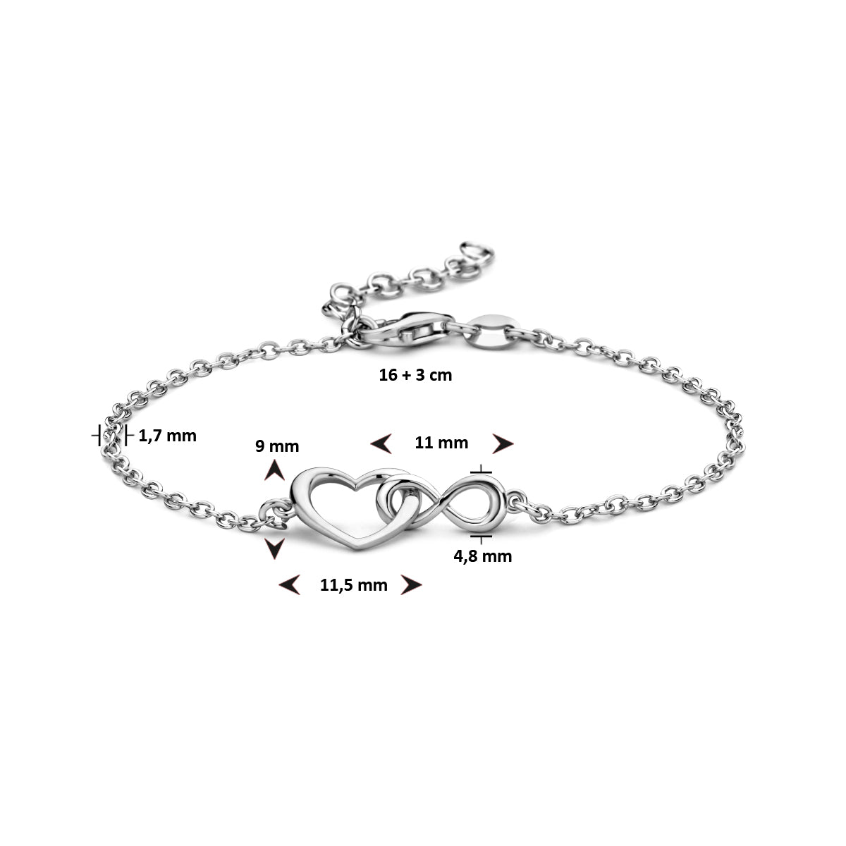 Zilveren armband hart en infinity  | 16-19cm
