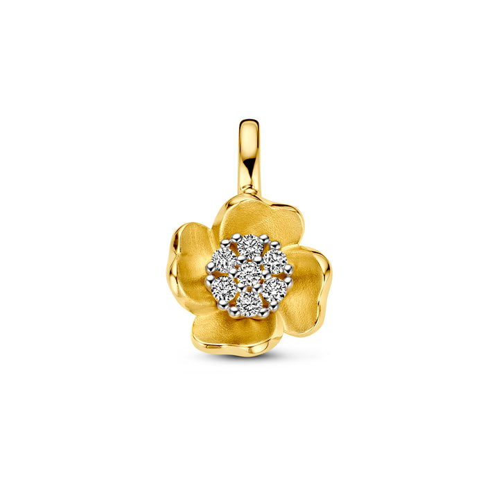 14krt bicolor gouden hanger "bloem" met diamant 0.11ct HSI