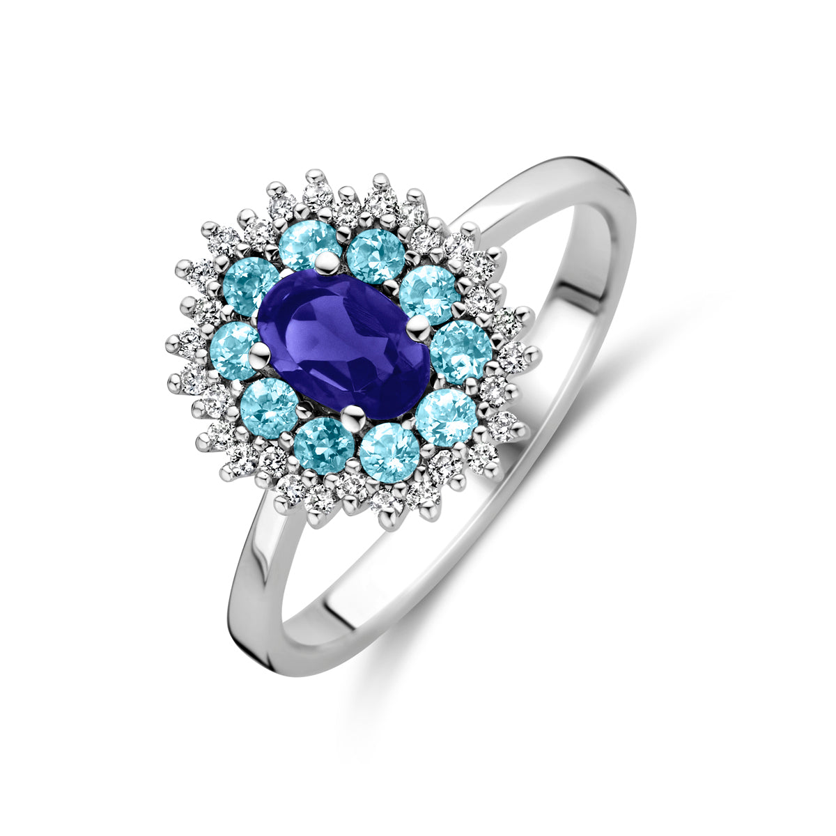14krt witgouden ring met ioliet, blauw topaas en diamant 0,15ct GSI