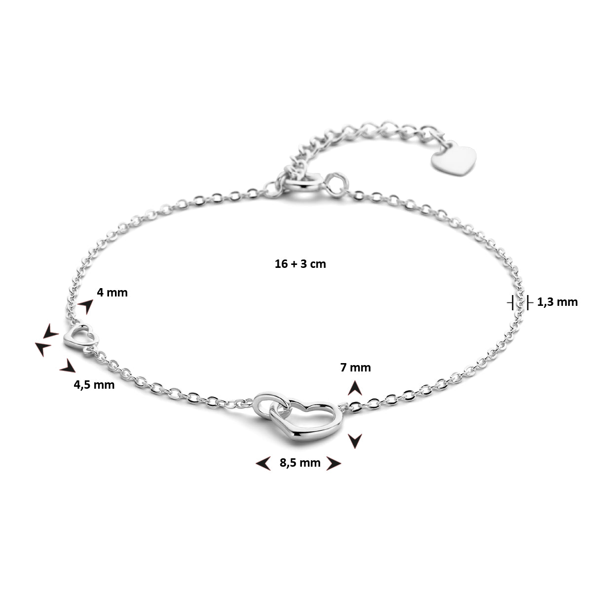 Zilveren armband hartjes | 16-19cm