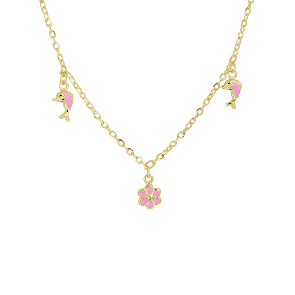 14krt geelgouden kindercollier anker 1.5mm met Bloem-, hart-, dolfijnhanger | 36+2cm