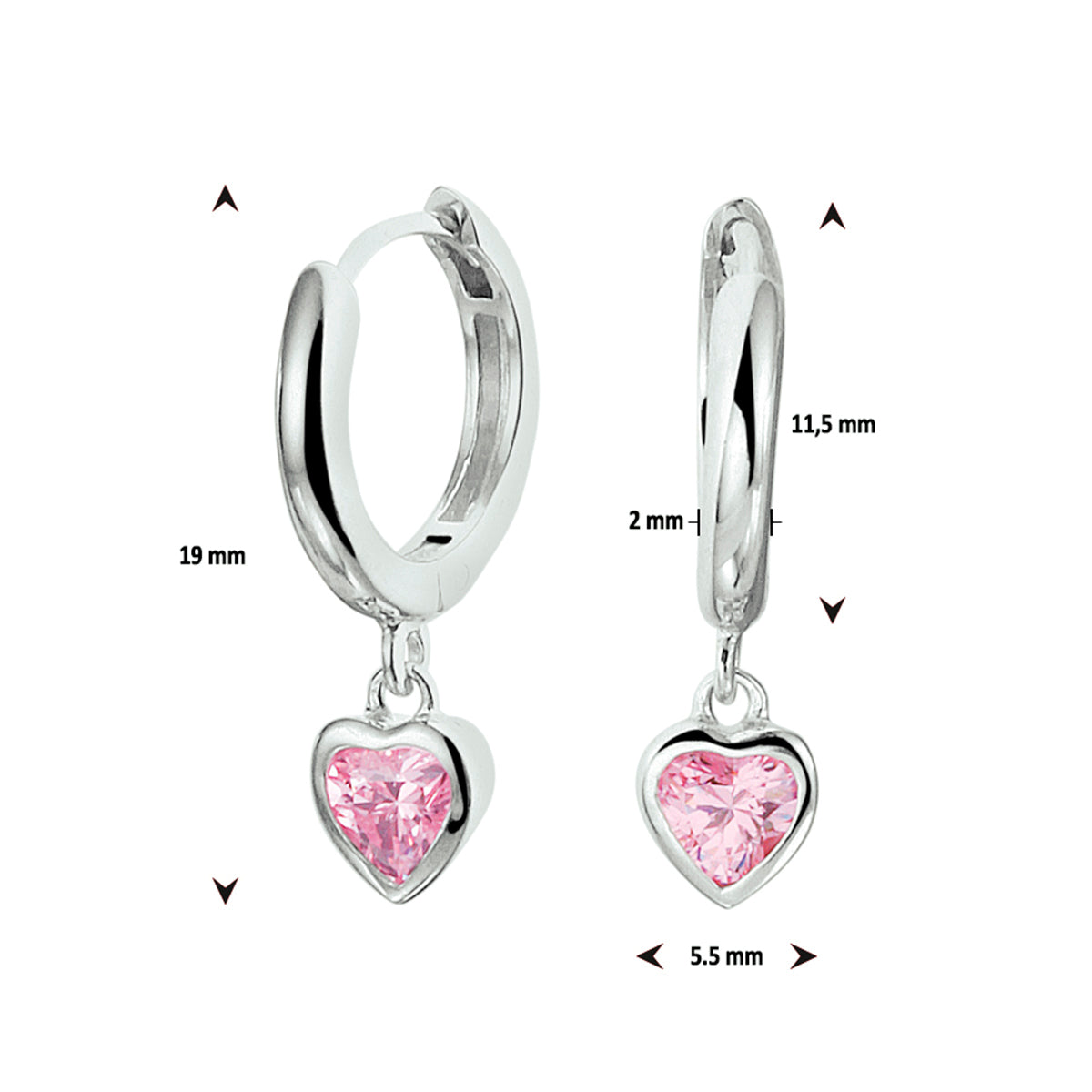 Zilveren klapoorringen met een roze zirkonia hartje | 11,5x2mm