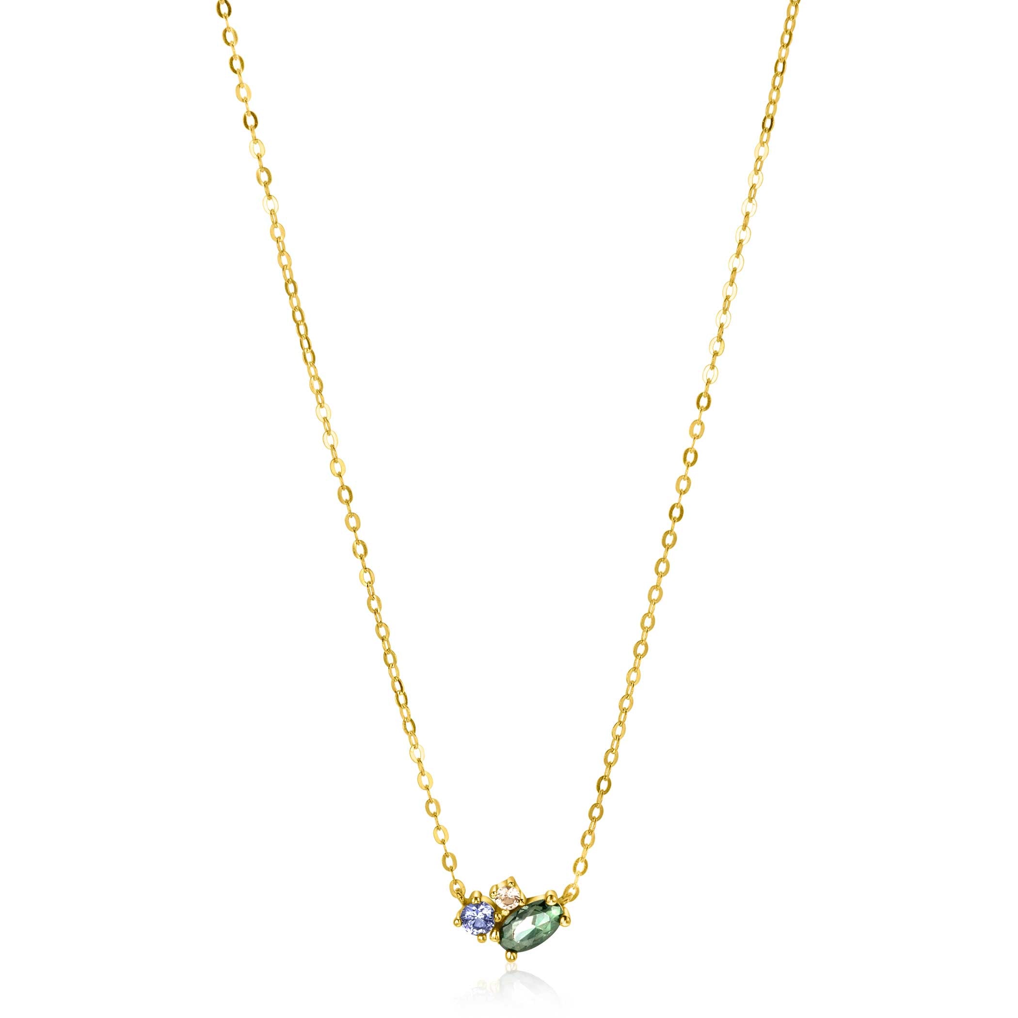 ZINZI Gold 14 krt gouden ketting 45cm. in het midden bezet met fijne groene. blauwe en champagne zirconia's ZGC379