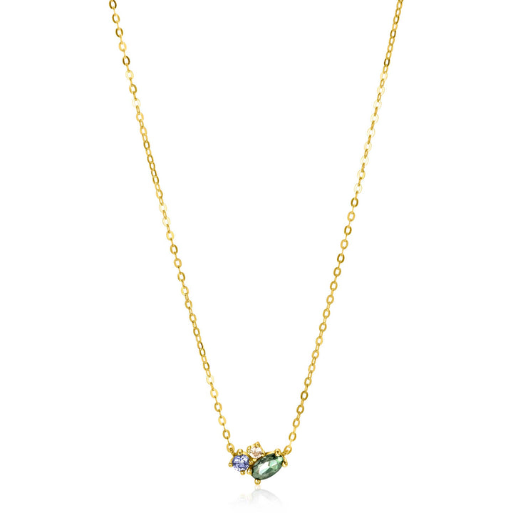 ZINZI Gold 14 krt gouden ketting 45cm. in het midden bezet met fijne groene. blauwe en champagne zirconia's ZGC379