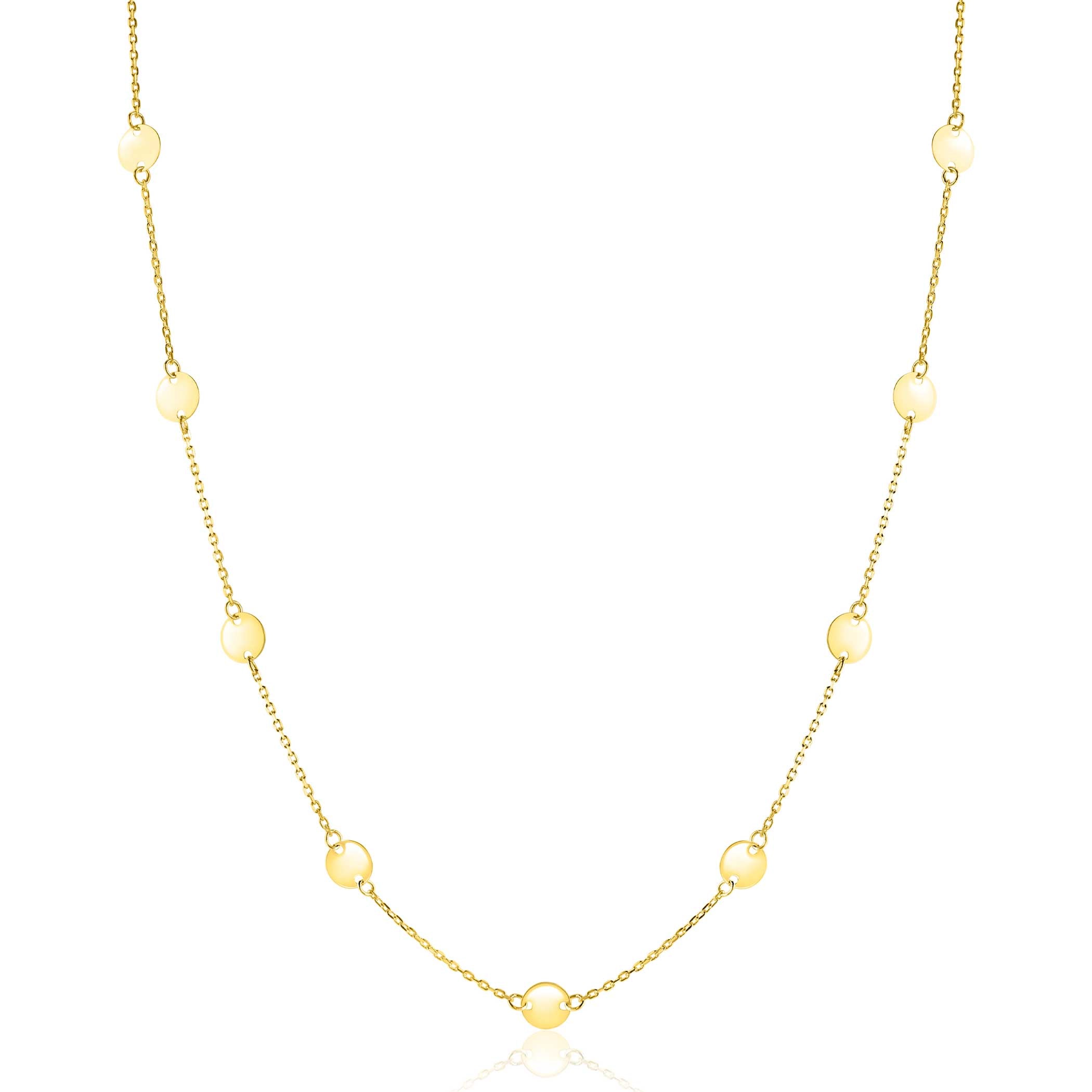 ZINZI Gold 14 krt gouden ketting met subtiele jasseron schakels en negen ronde gladde plaatjes 5mm breed 42-45cm ZGC503