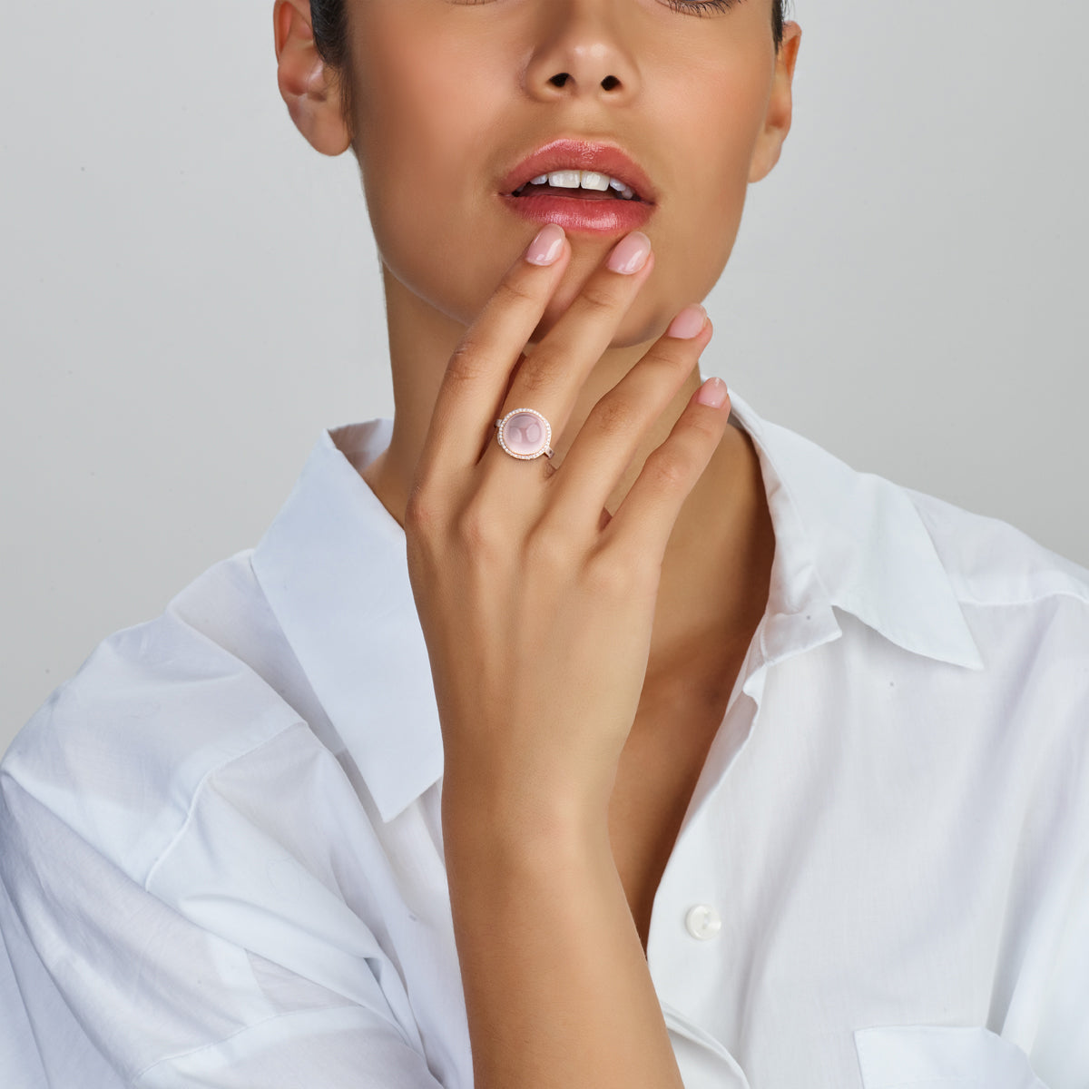 14krt roségouden ring met 6,5ct rozenkwarts en diamant 0,19ct GSI | 14,5mm