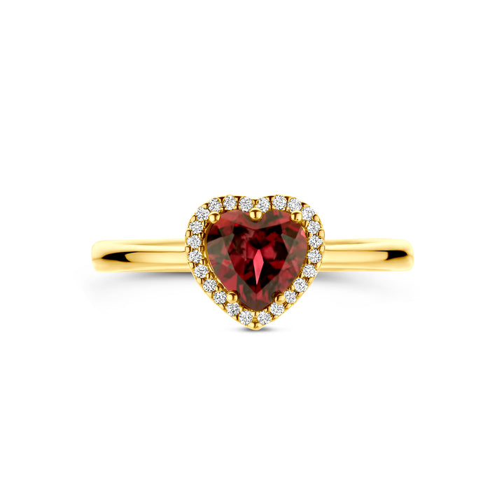 14krt geelgouden ring hart met roze rhodoliet en diamant 0,065ct HSI | 6,5x6mm