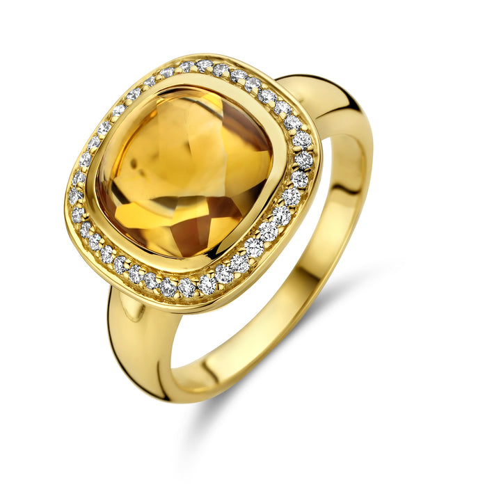 14krt geelgouden ring met citrien en diamant 0.20ct