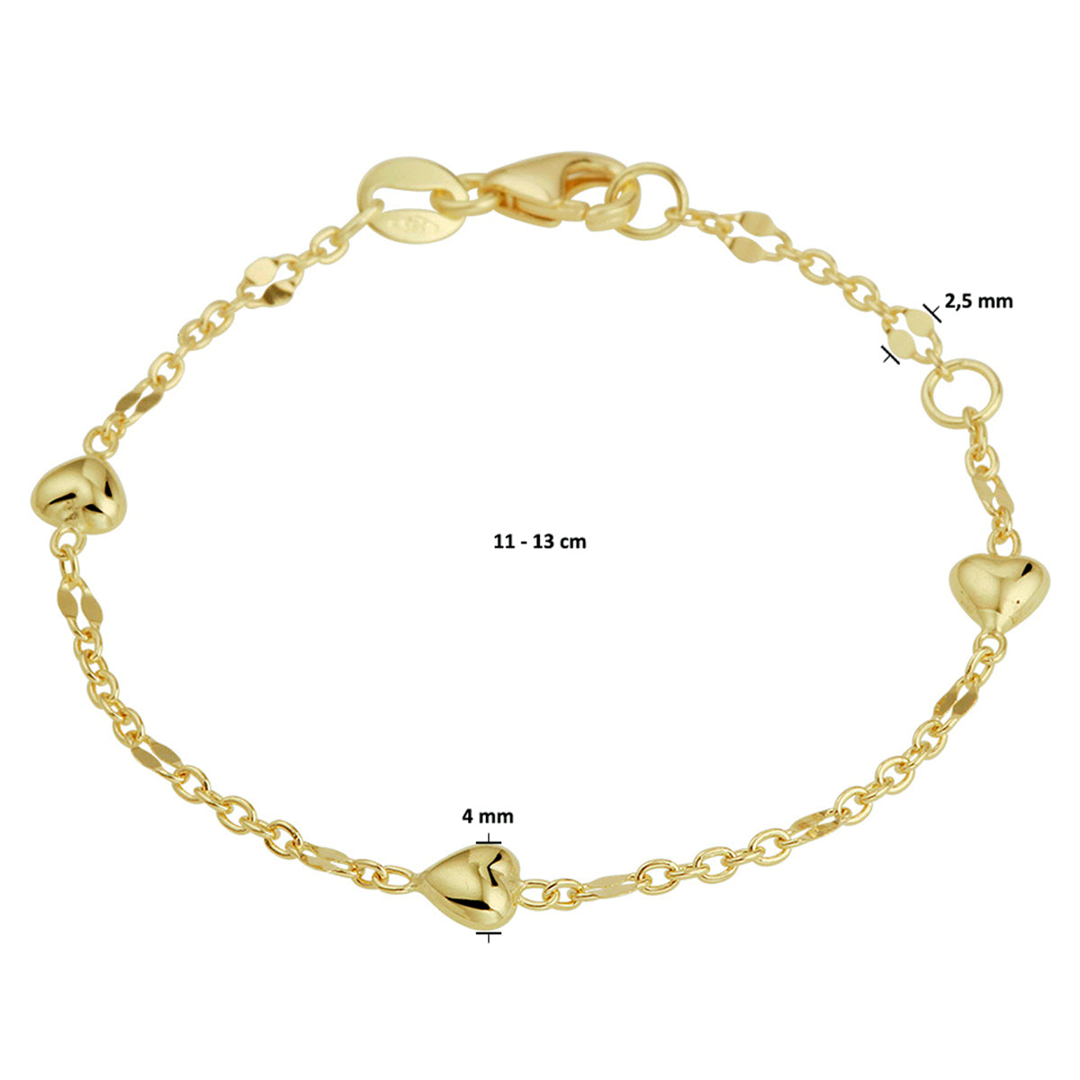 14krt geelgouden armband kind met 3 hartjes | 11-13cm
