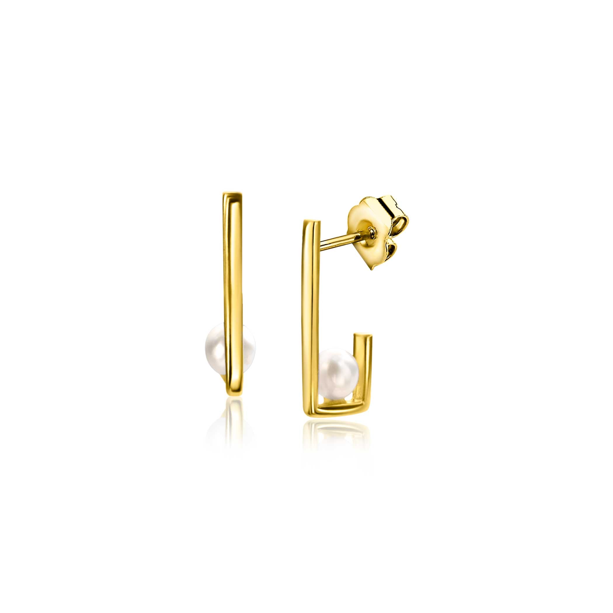 14mm ZINZI Gold 14 krt gouden oorstekers met rechthoekige vorm. bezet met een kleine witte parel ZGO416