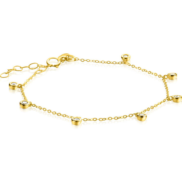 ZINZI Gold 14 krt gouden armband met zeven ronde hangertjes. bezet met witte zirconia's 15.5-18.5cm ZGA451