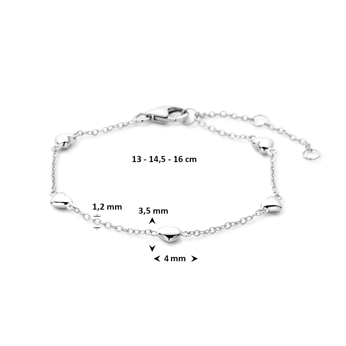 Zilveren armband hartjes 1.2mm | 13-14,5-16cm