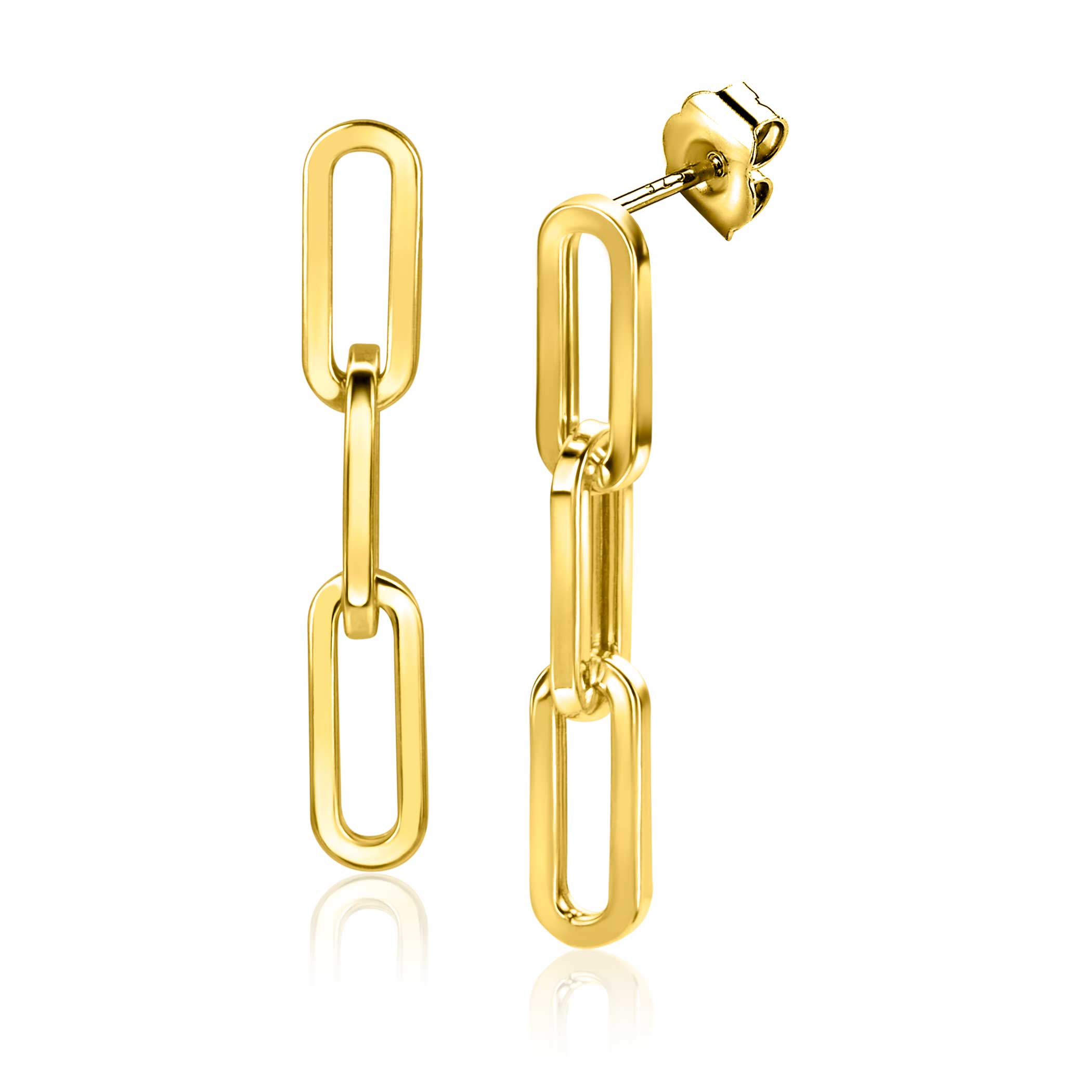 34mm ZINZI Gold 14 krt gouden oorstekers met drie trendy paperclip-schakels 34mm ZGO361