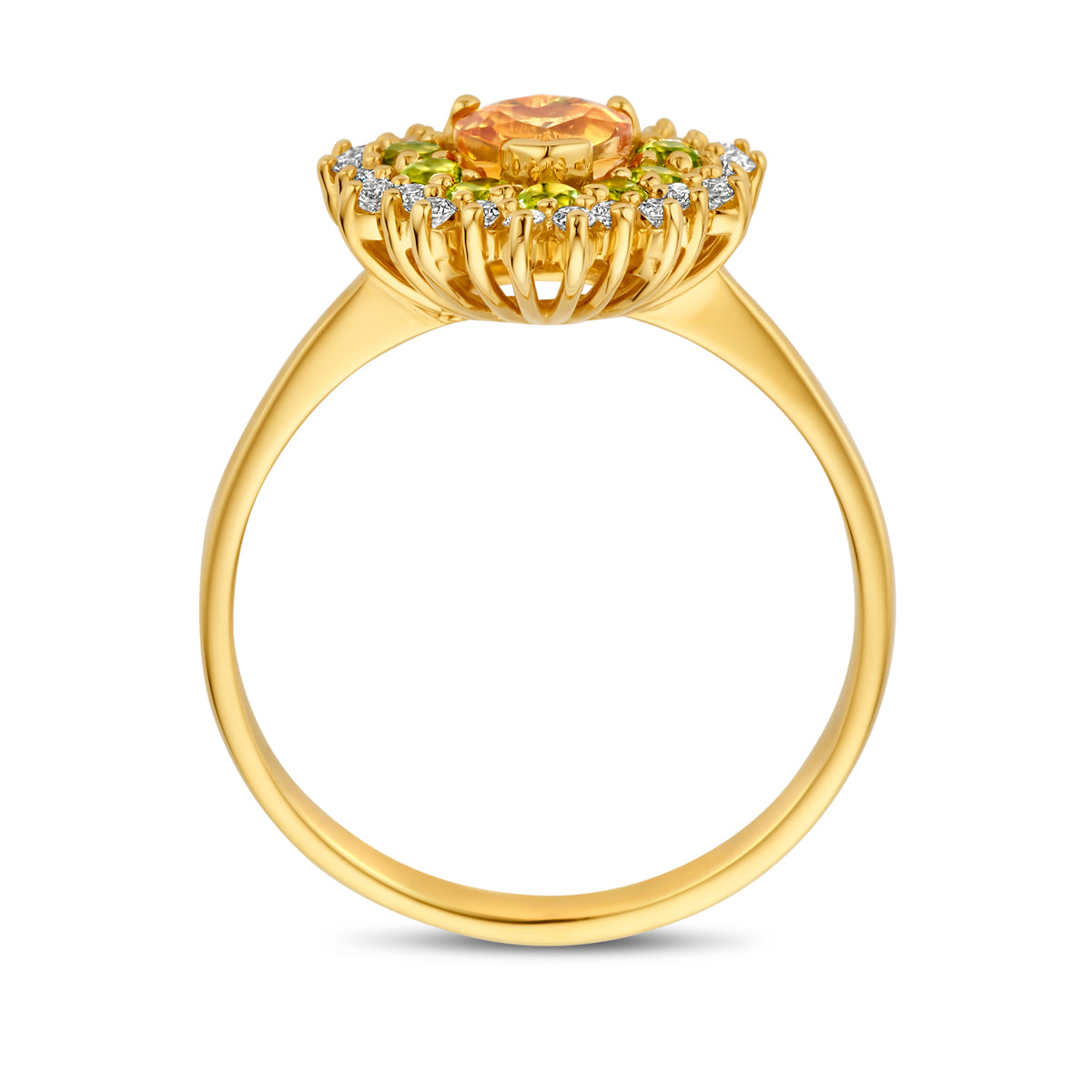 14krt geelgouden ring hart met citrien, peridoot en diamant 0,19ct GSI