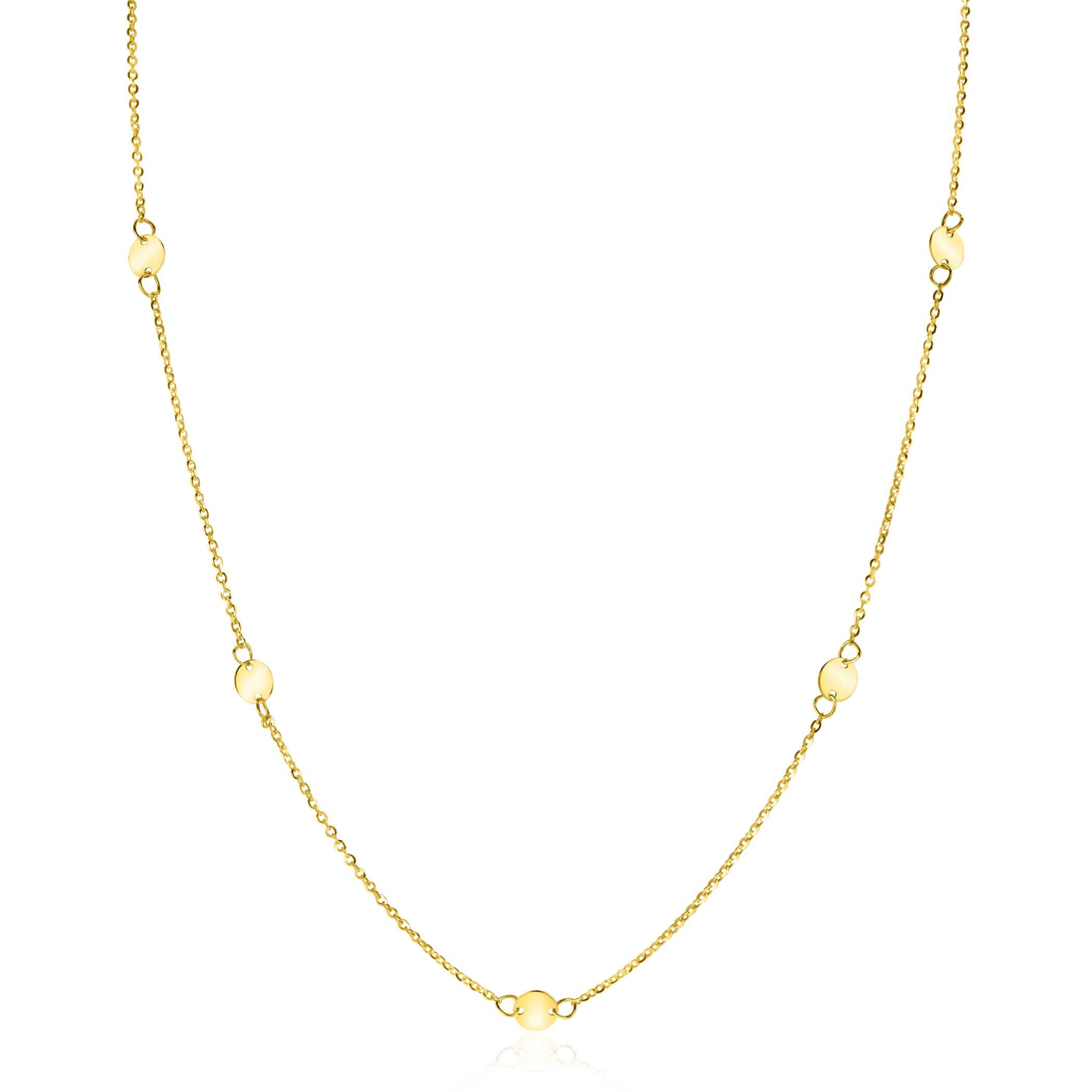 ZINZI Gold 14 krt gouden ketting met subtiele jasseron schakels en zeven ronde gladde plaatjes 5mm breed 42-45cm ZGC444