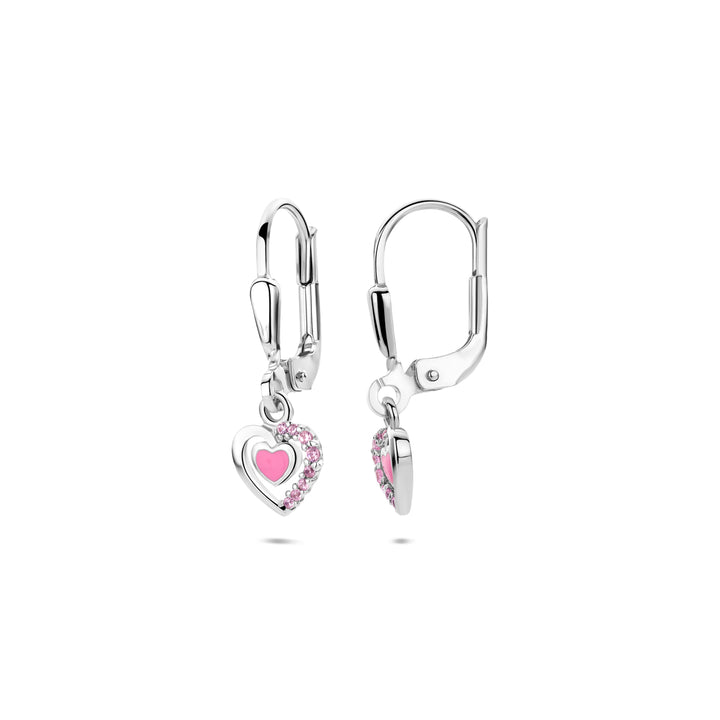 Zilveren oorhangers kind met roze emaille hart en zirkonia | 21 mm