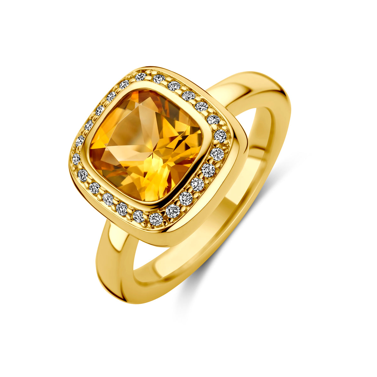 14krt geelgouden ring met citrien en diamant 0,14ct HSI | 12,5mm