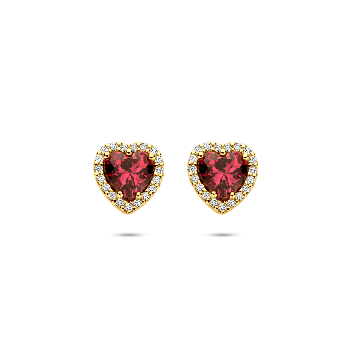 14krt geelgouden oorknoppen hartje roze rhodoliet en diamant 0.10ct  | 7,5 mm