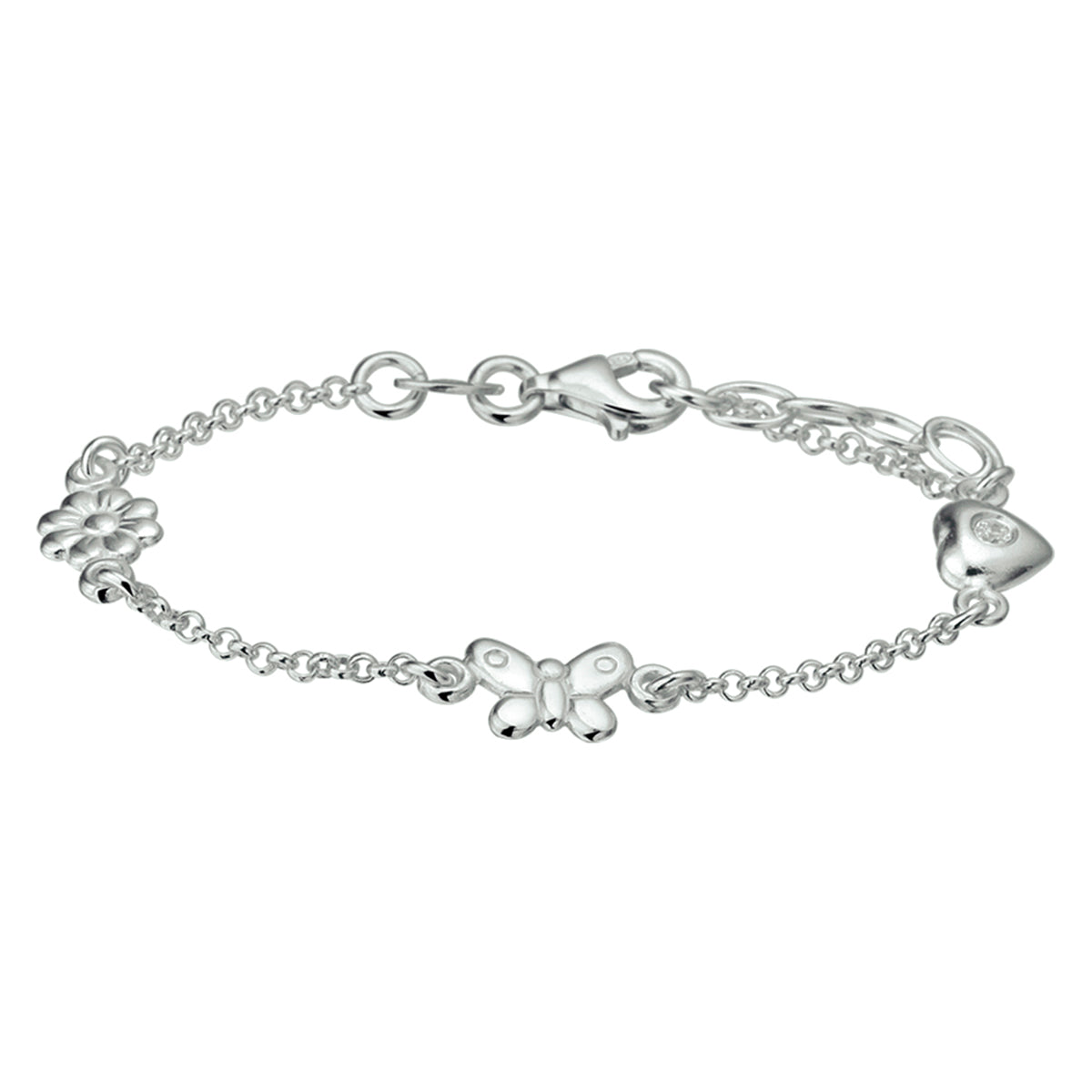 Zilveren armband met een bloem, hart en vlinder | 13+2cm