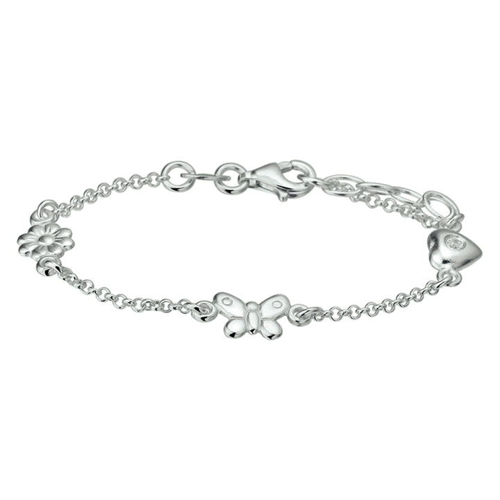 Zilveren armband met een bloem, hart en vlinder | 13+2cm