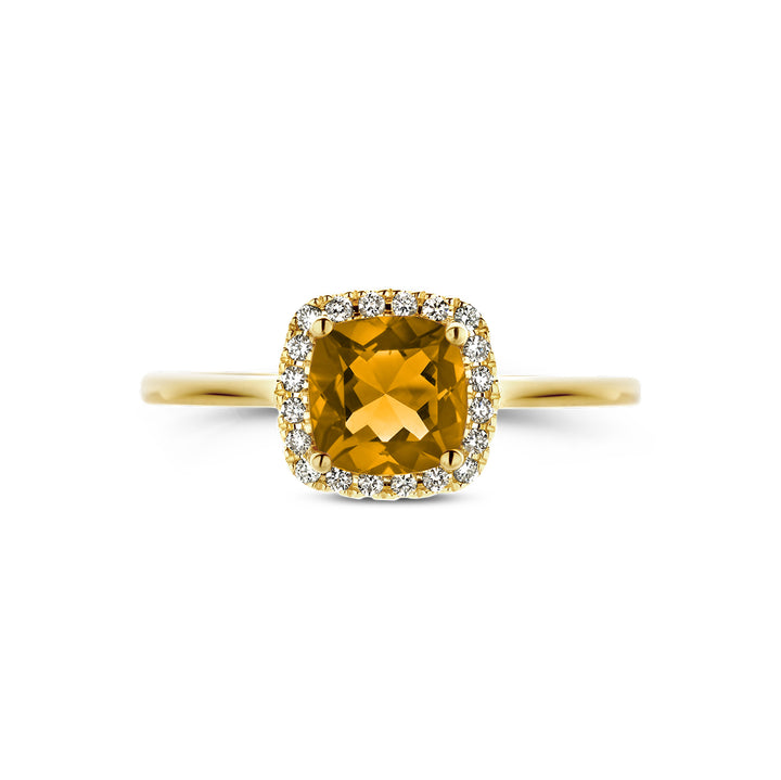 14krt geelgouden ring met citrien en diamant 0.10ct HSI