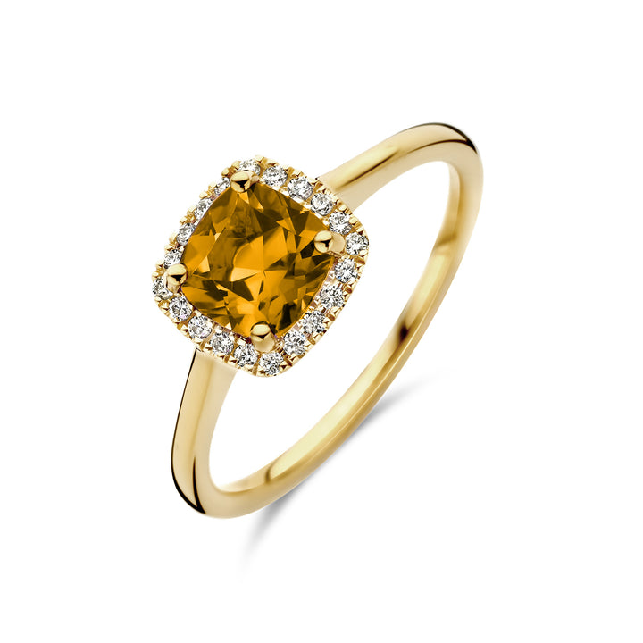 14krt geelgouden ring met citrien en diamant 0.10ct HSI