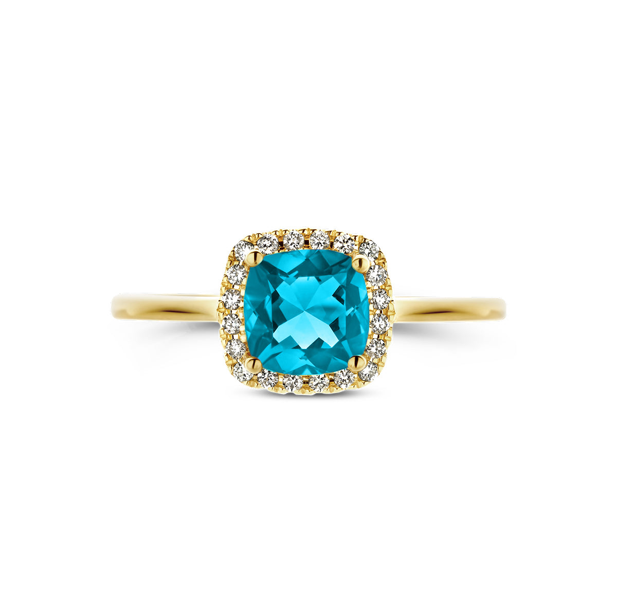 14krt geelgouden ring met blauw topaas en diamant 0.10ct HSI