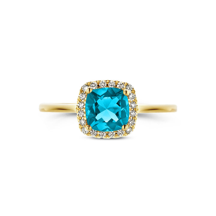 14krt geelgouden ring met blauw topaas en diamant 0.10ct HSI