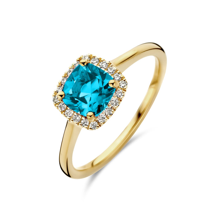 14krt geelgouden ring met blauw topaas en diamant 0.10ct HSI