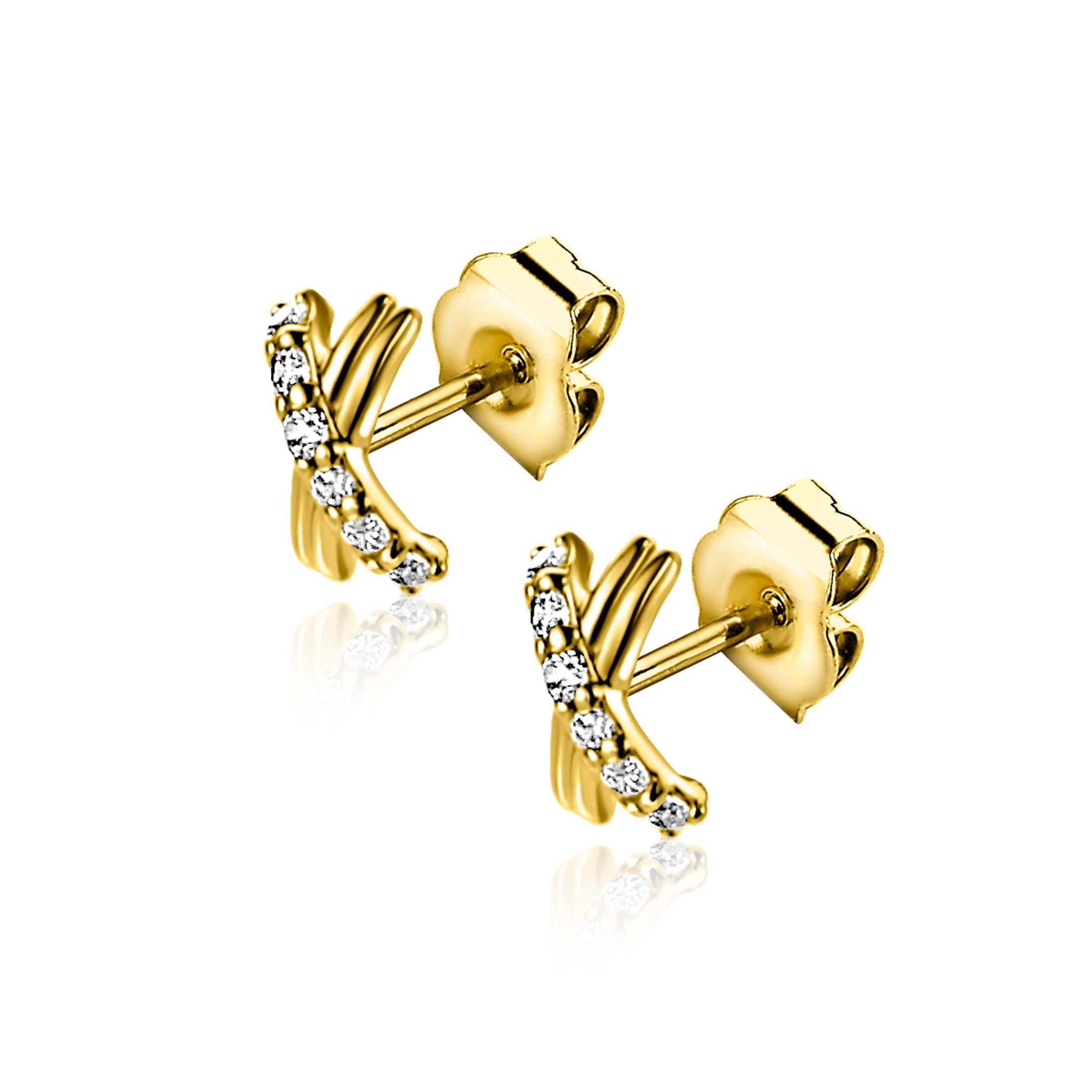 6mm ZINZI Gold 14krt gouden oorstekers met X-vorm, bezet met witte zirkonia's ZGO549