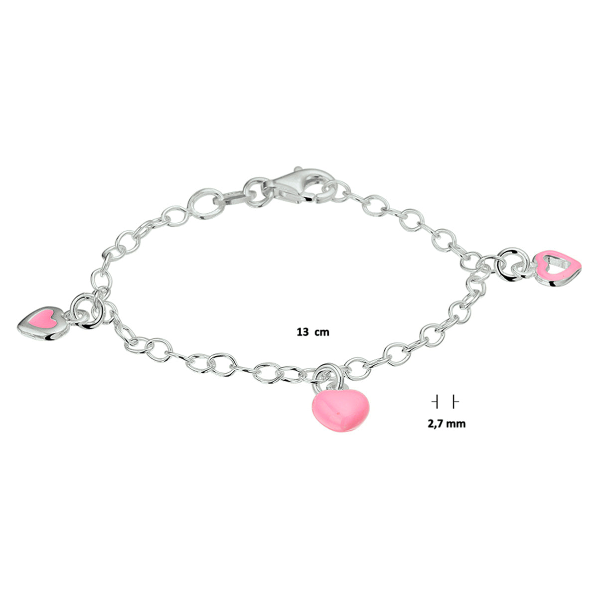 Zilveren armband emaille roze hart  | 15cm