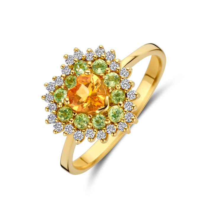 14krt geelgouden ring hart met citrien, peridoot en diamant 0,19ct GSI