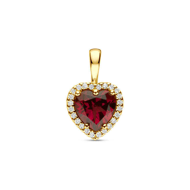 14krt geelgouden hanger hart met roze rhodoliet en diamant 0.06ct  | 13mm