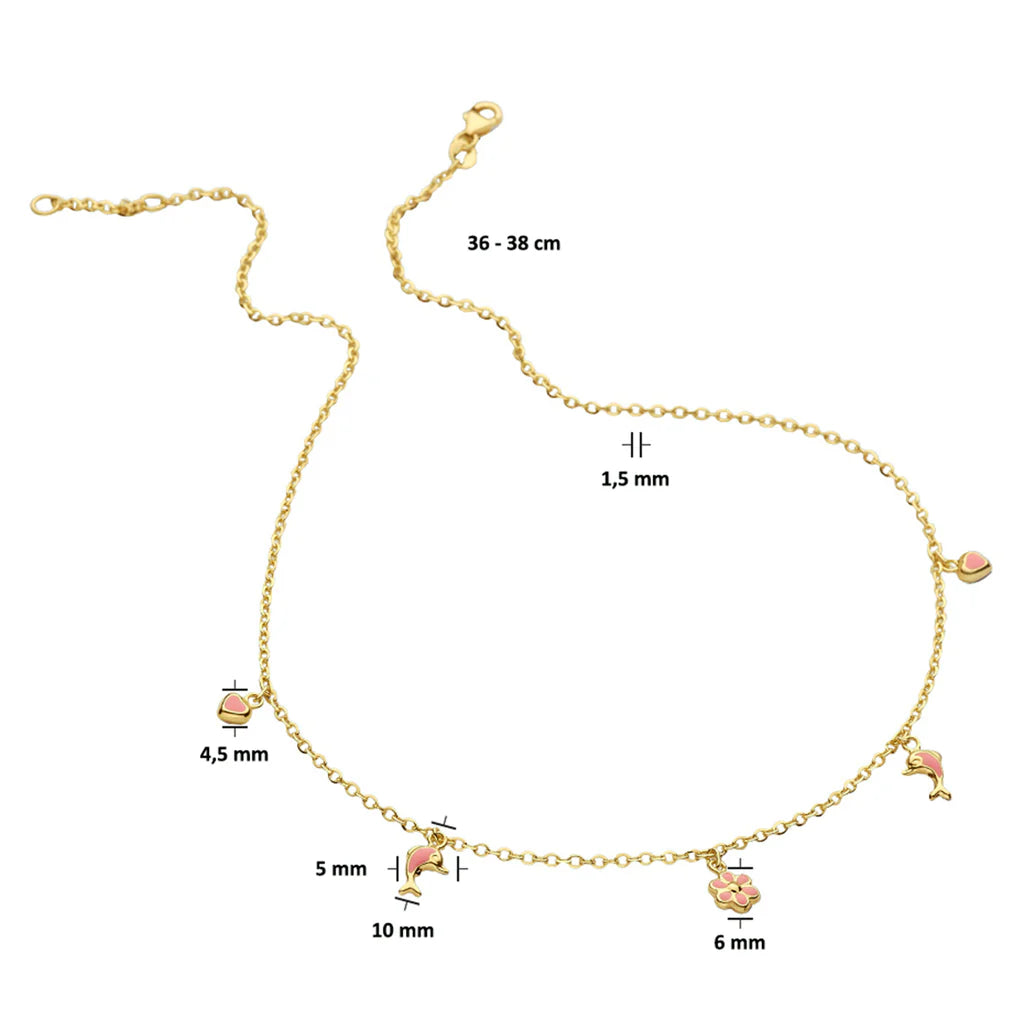 14krt geelgouden kindercollier anker 1.5mm met Bloem-, hart-, dolfijnhanger | 36+2cm
