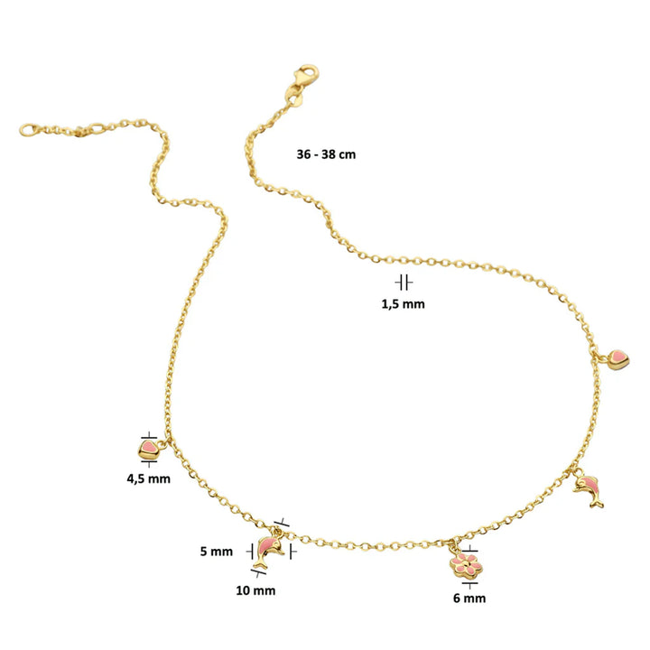 14krt geelgouden kindercollier anker 1.5mm met Bloem-, hart-, dolfijnhanger | 36+2cm
