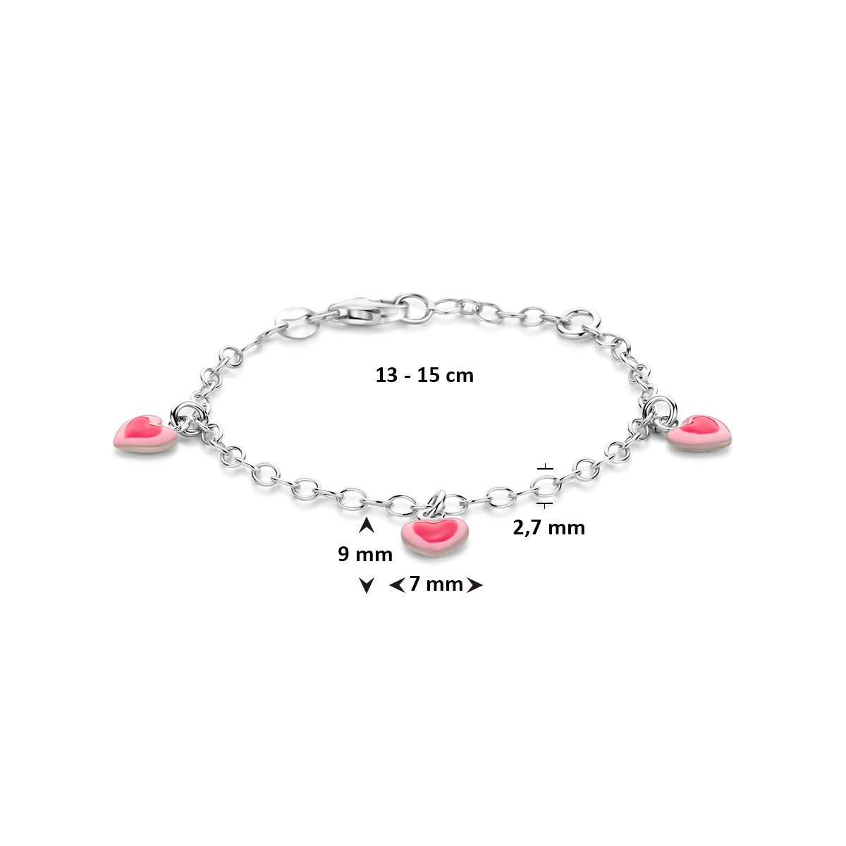 Zilveren bedelarmband emaille hartjes 2,7mm | 13-15cm