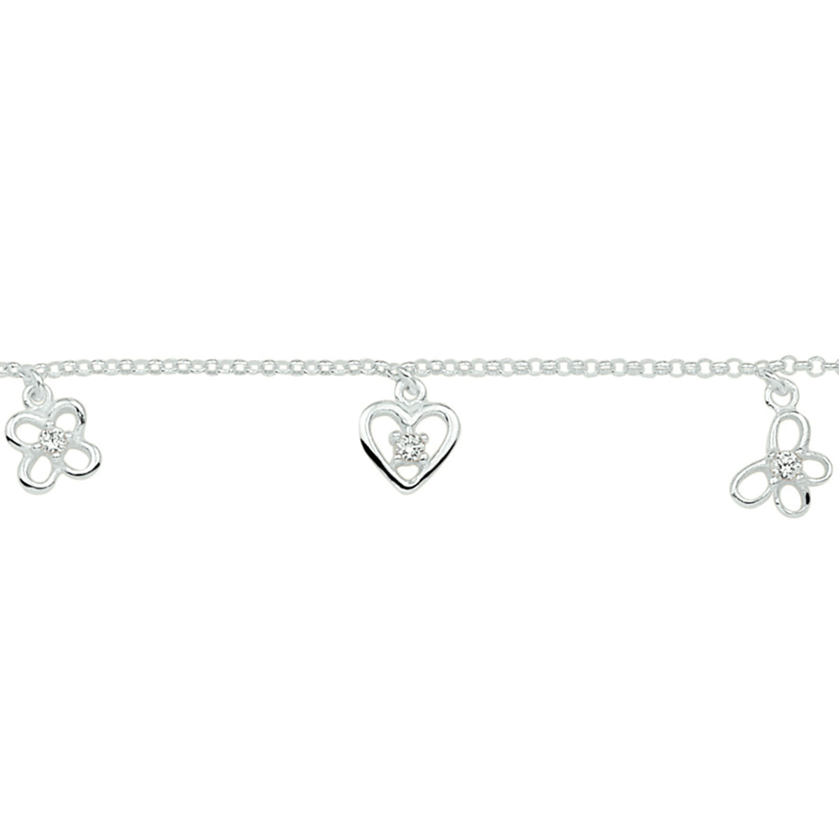 Zilveren armband zirkonia bloem, hart en vlinder | 13+2cm