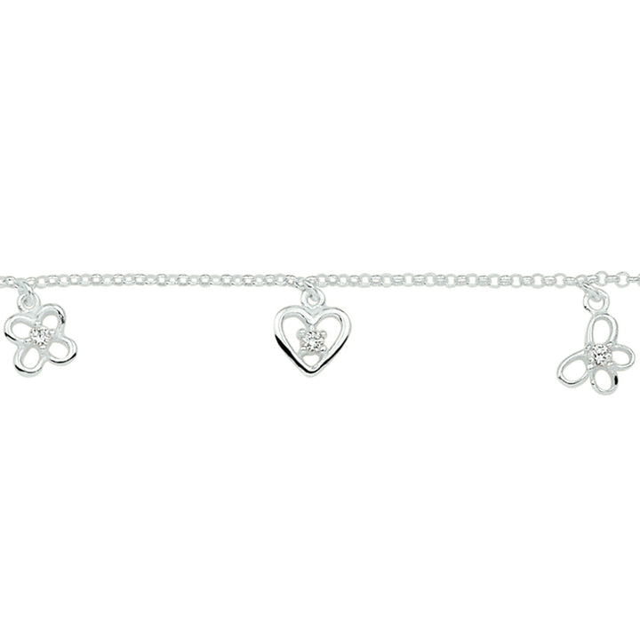 Zilveren armband zirkonia bloem, hart en vlinder | 13+2cm