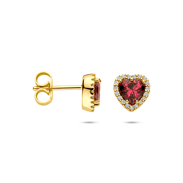 14krt geelgouden oorknoppen hartje roze rhodoliet en diamant 0.10ct  | 7,5 mm
