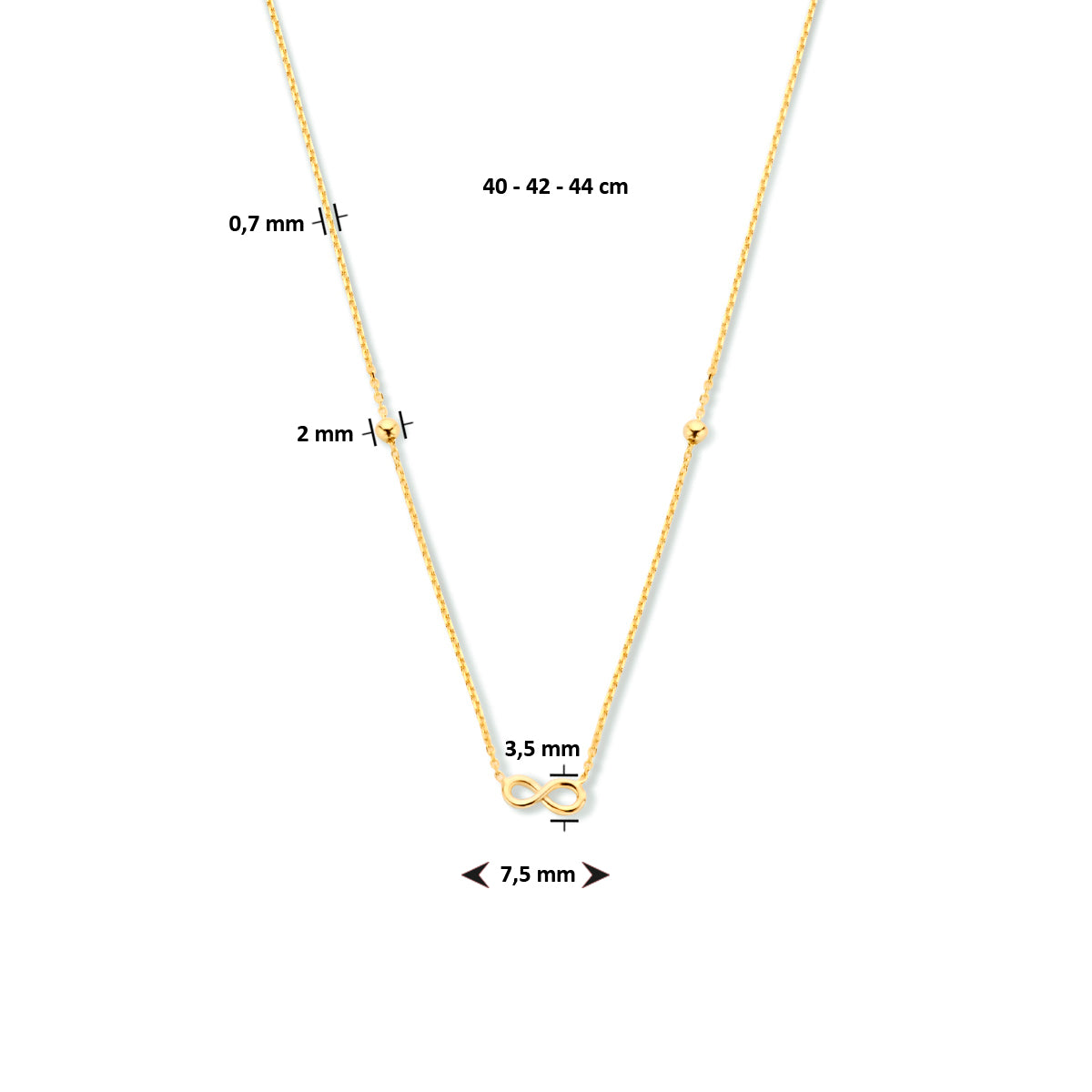 14krt geelgouden collier met het infinity teken en bolletjes 40-42-44cm
