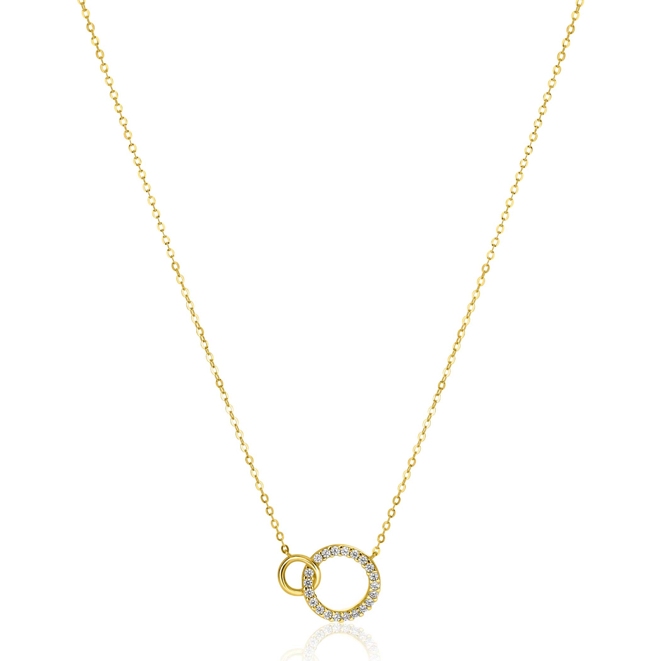 ZINZI Gold 14 krt gouden ketting met twee open rondjes. mooi met elkaar verbonden. Het groter rondje (11mm) is bezet met witte zirconia's 40-43cm ZGC460