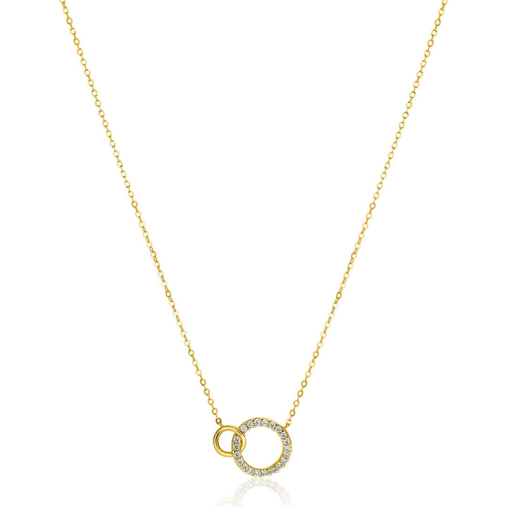 ZINZI Gold 14 krt gouden ketting met twee open rondjes. mooi met elkaar verbonden. Het groter rondje (11mm) is bezet met witte zirconia's 40-43cm ZGC460