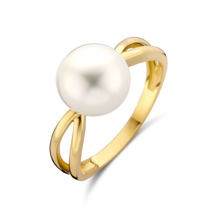 14kt geelgouden ring parel wit 9mm