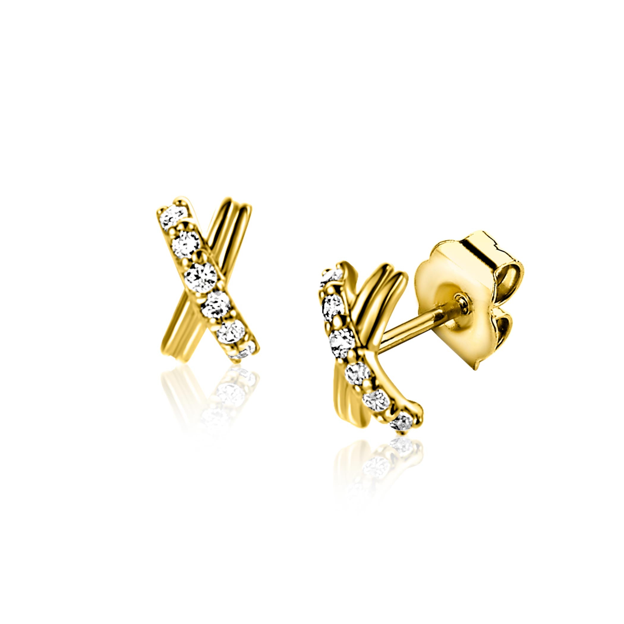 6mm ZINZI Gold 14krt gouden oorstekers met X-vorm, bezet met witte zirkonia's ZGO549