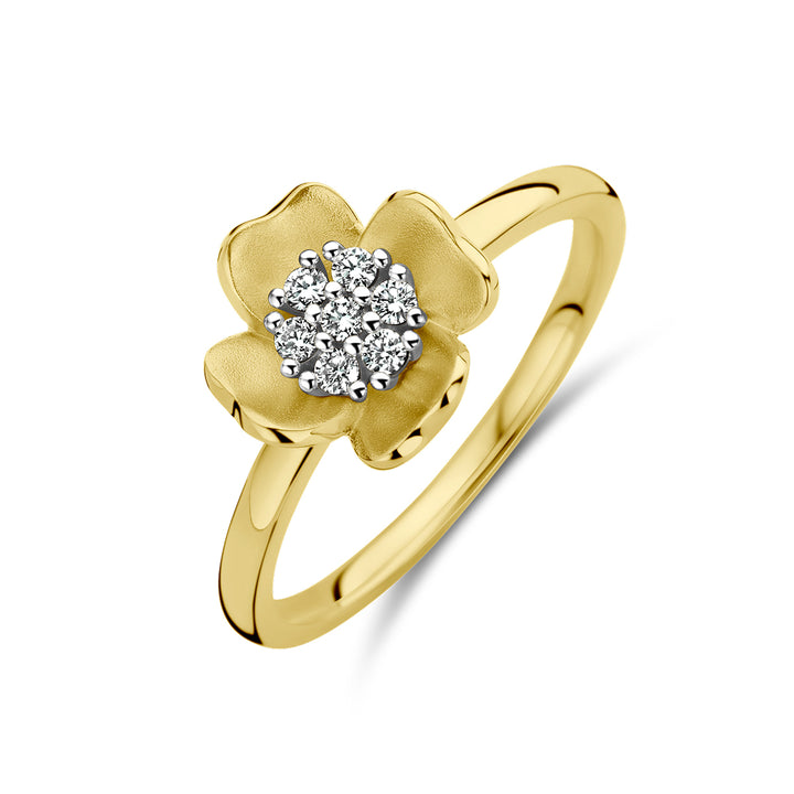 14krt bicolor gouden ring "bloem" met diamant 0.11ct HSI