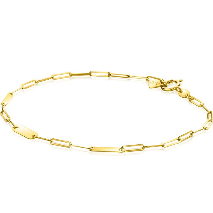 ZINZI Gold 14 krt gouden schakelarmband met paperclip schakels (1.8mm breed) en drie gladde plaatjes 19cm ZGA443