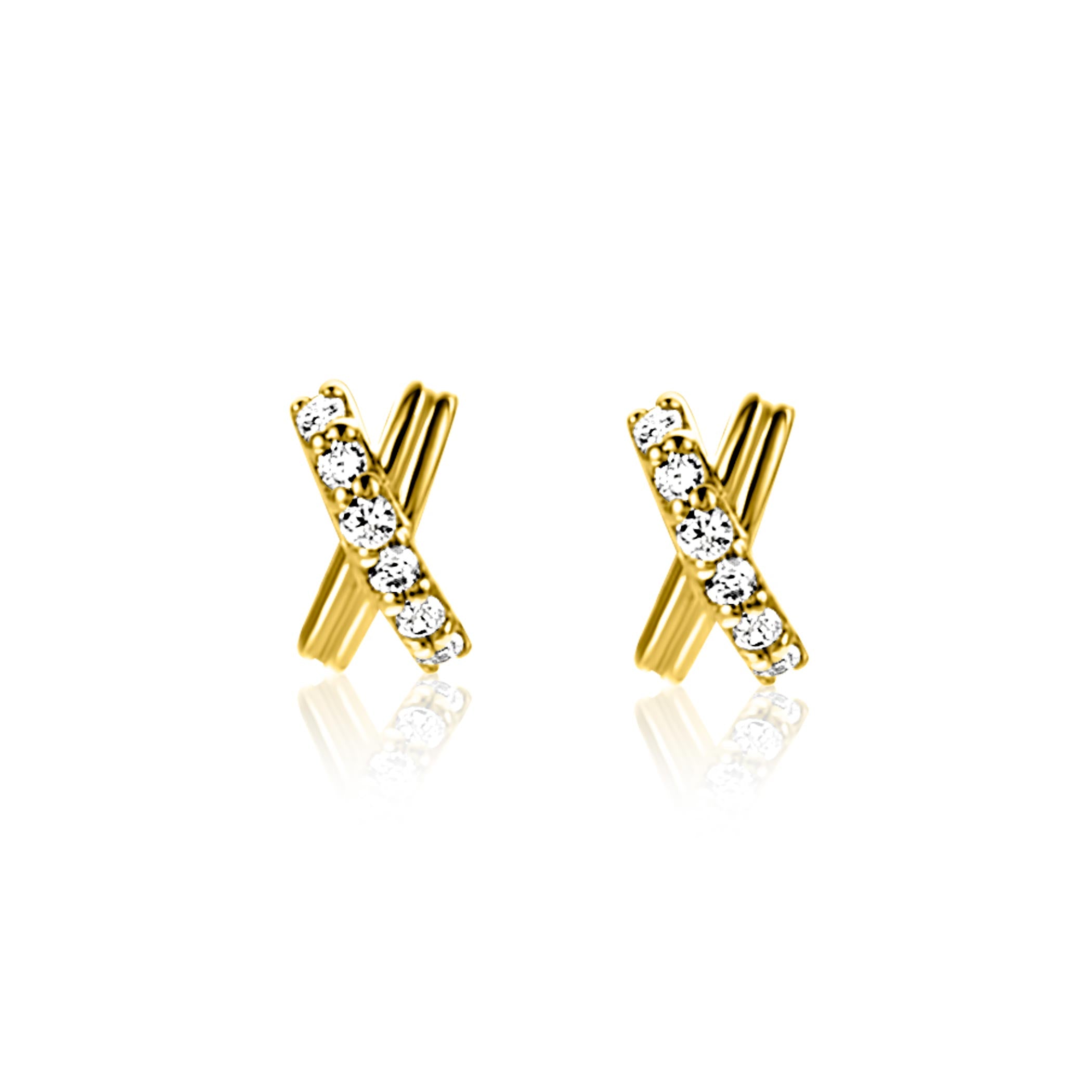 6mm ZINZI Gold 14krt gouden oorstekers met X-vorm, bezet met witte zirkonia's ZGO549