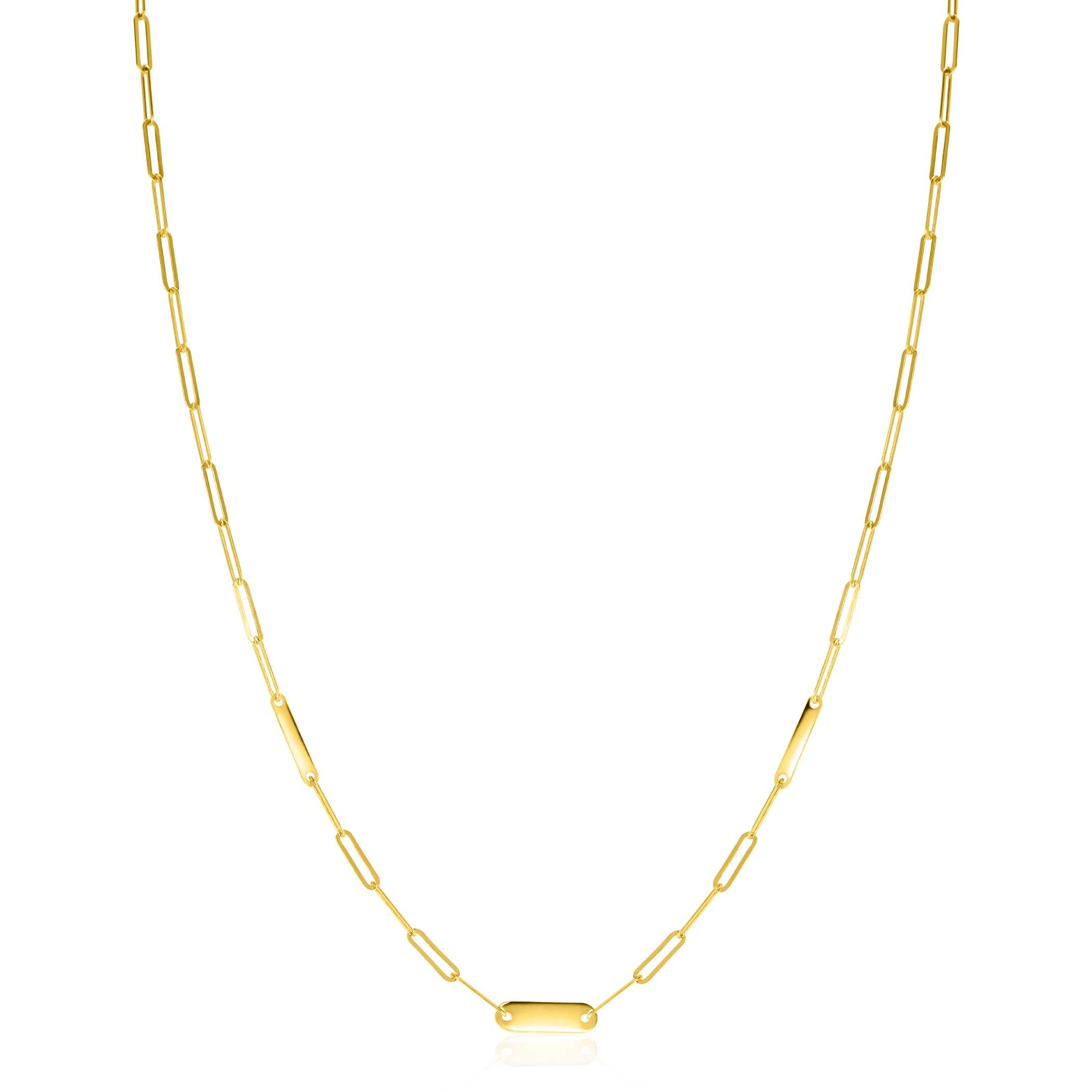 ZINZI Gold 14 krt gouden schakelketting met paperclip schakels (1.8mm breed) en drie gladde plaatjes 45cm ZGC443