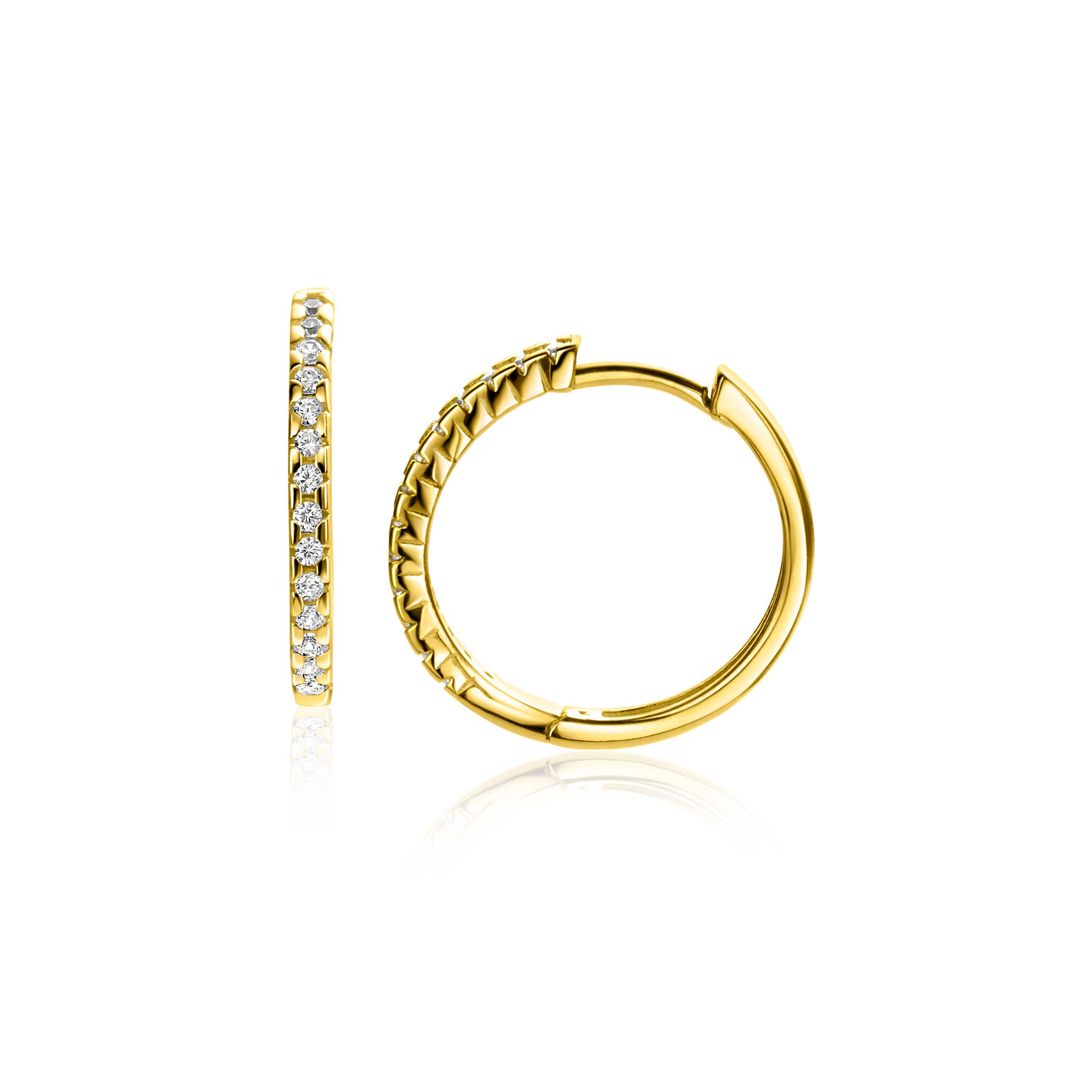 17mm ZINZI Gold 14 krt gouden oorRing bezet met witte zirconia's met luxe klapsluiting 17mm x 1.7mm vierkante buis ZGO506