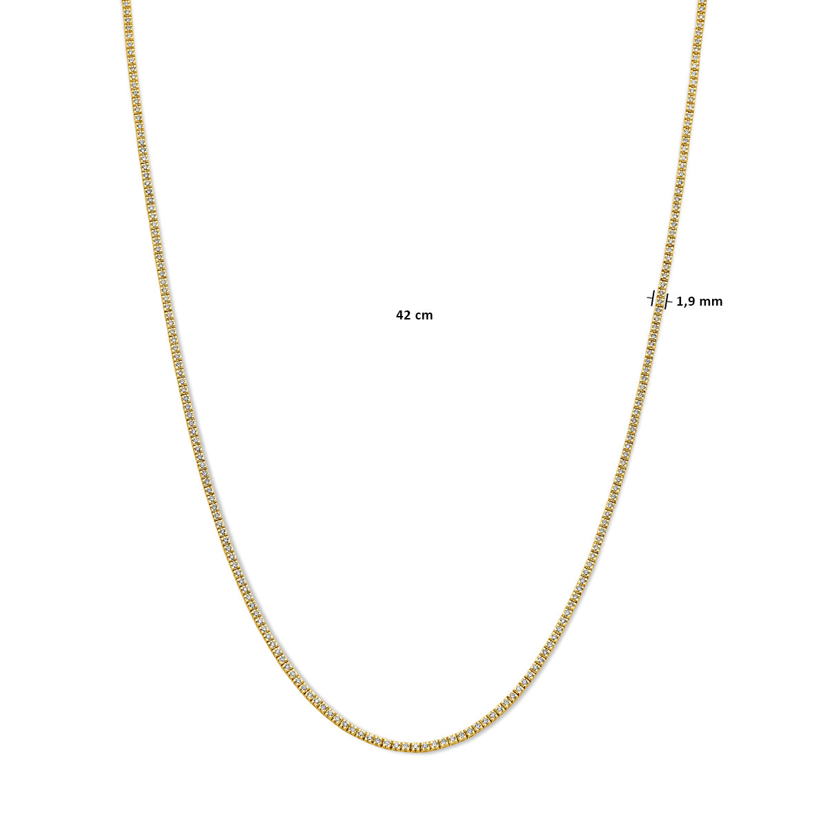 14krt geelgouden tenniscollier met 2.00ct lab grown diamant GSI | 1,9mm | 42cm